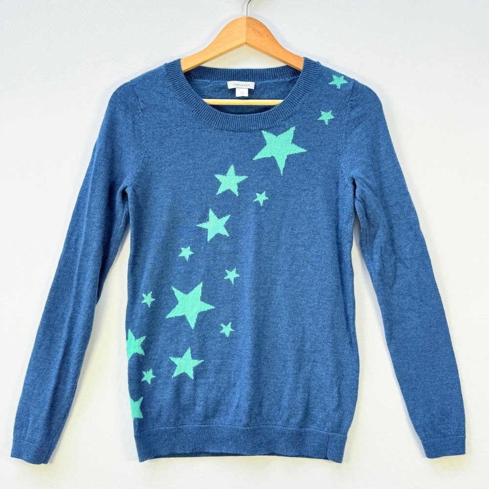 Garnet Hill Knit Sweater‎ Womens XS Blue Star Celestial Whimsical Fun 100% Wool